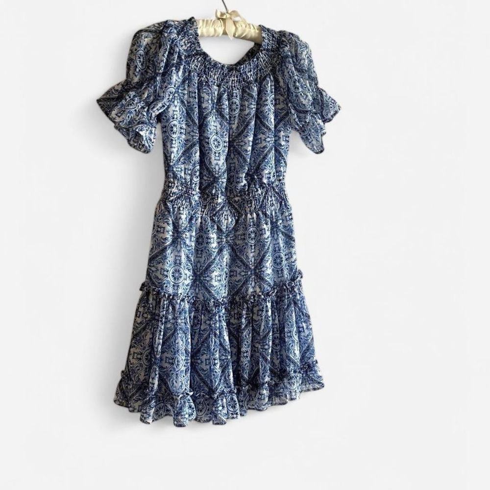 Off the shoulder fit and flare blue and white dress